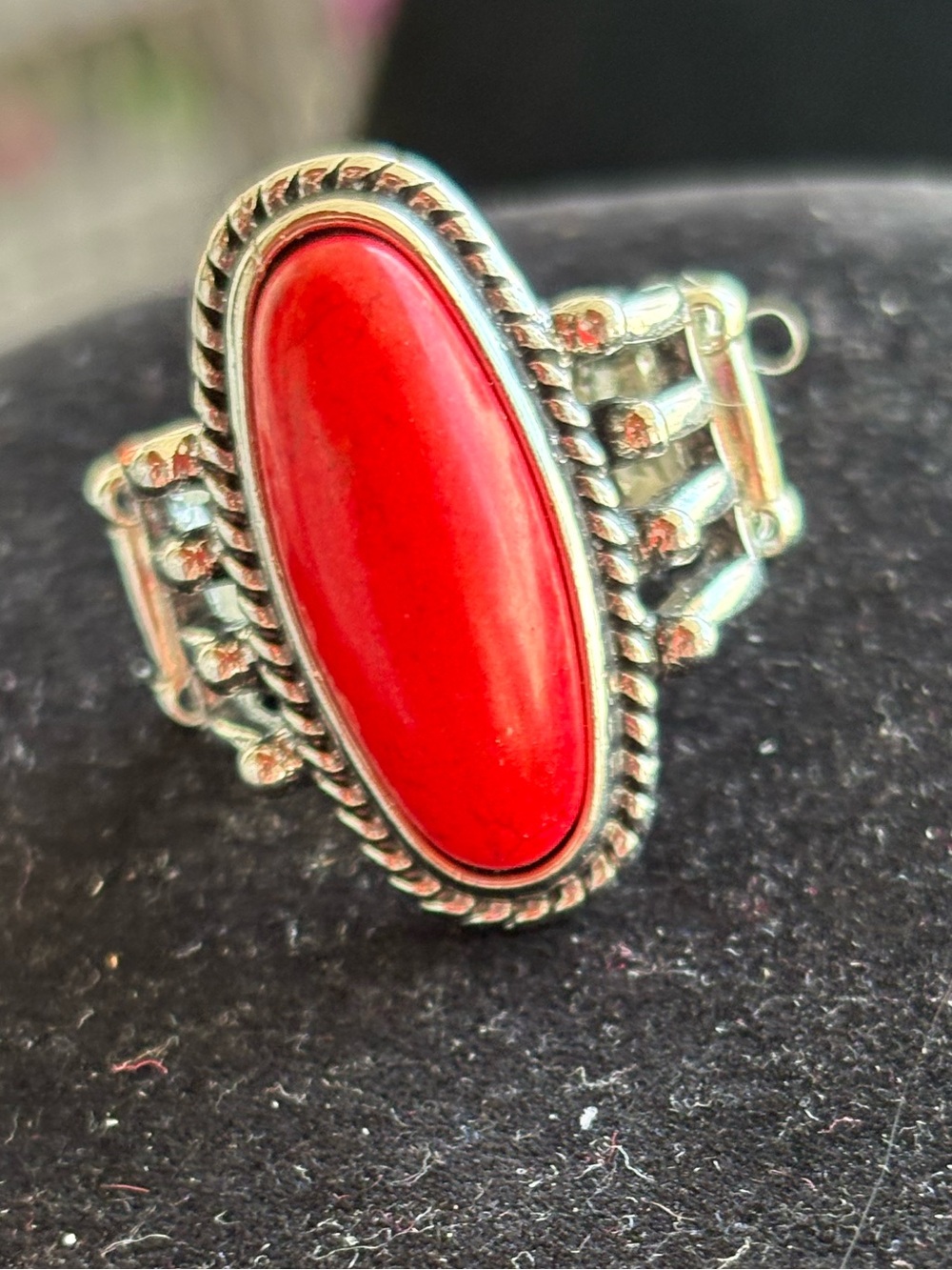 Red Oval Stone Silver-Accent Women's Statement Ring
